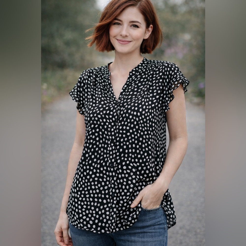 J. Crew Ruffle Sleeve Button Up Shirt Black White Polka Dots XXSmall NEW